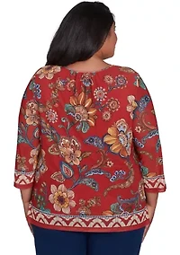 Plus Harvest Moon Floral Border Mesh Top