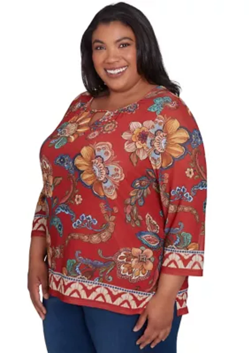 Plus Harvest Moon Floral Border Mesh Top