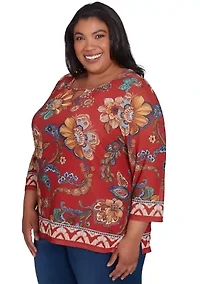 Plus Harvest Moon Floral Border Mesh Top