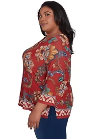 Plus Harvest Moon Floral Border Mesh Top