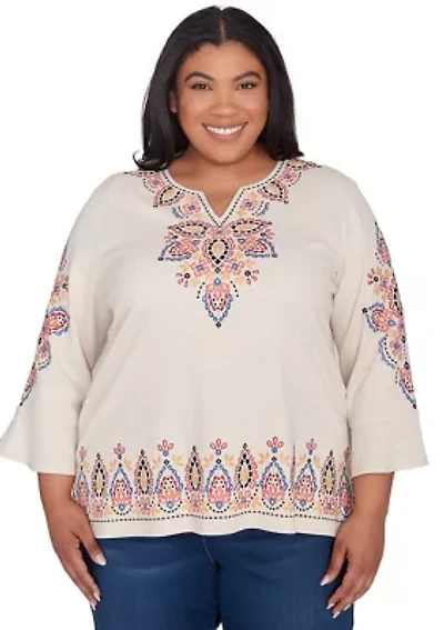 Plus Harvest Moon Medallion Embroidery Flutter Cuff Top
