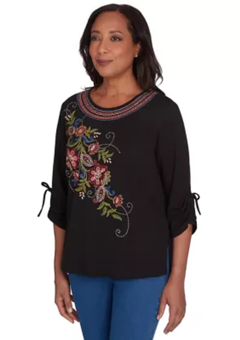Petite Harvest Moon Paisley Floral Diagonal Embroidery Top
