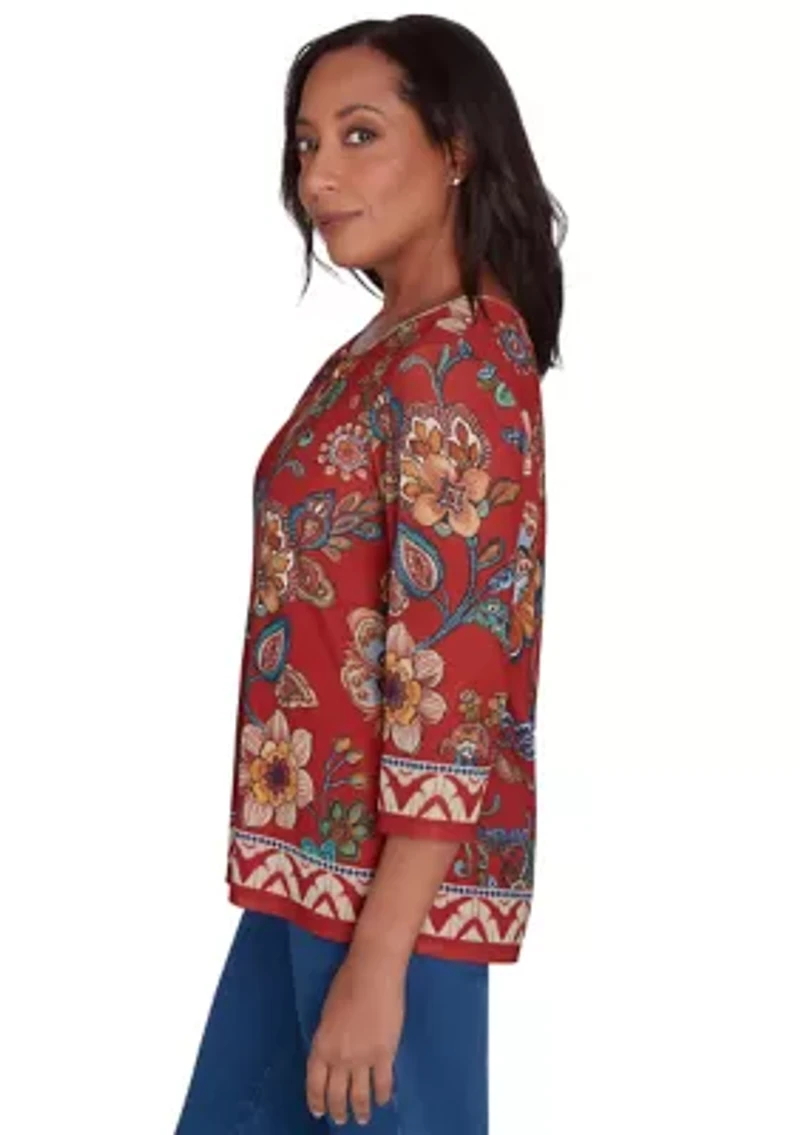 Petite Harvest Moon Floral Border Mesh Top