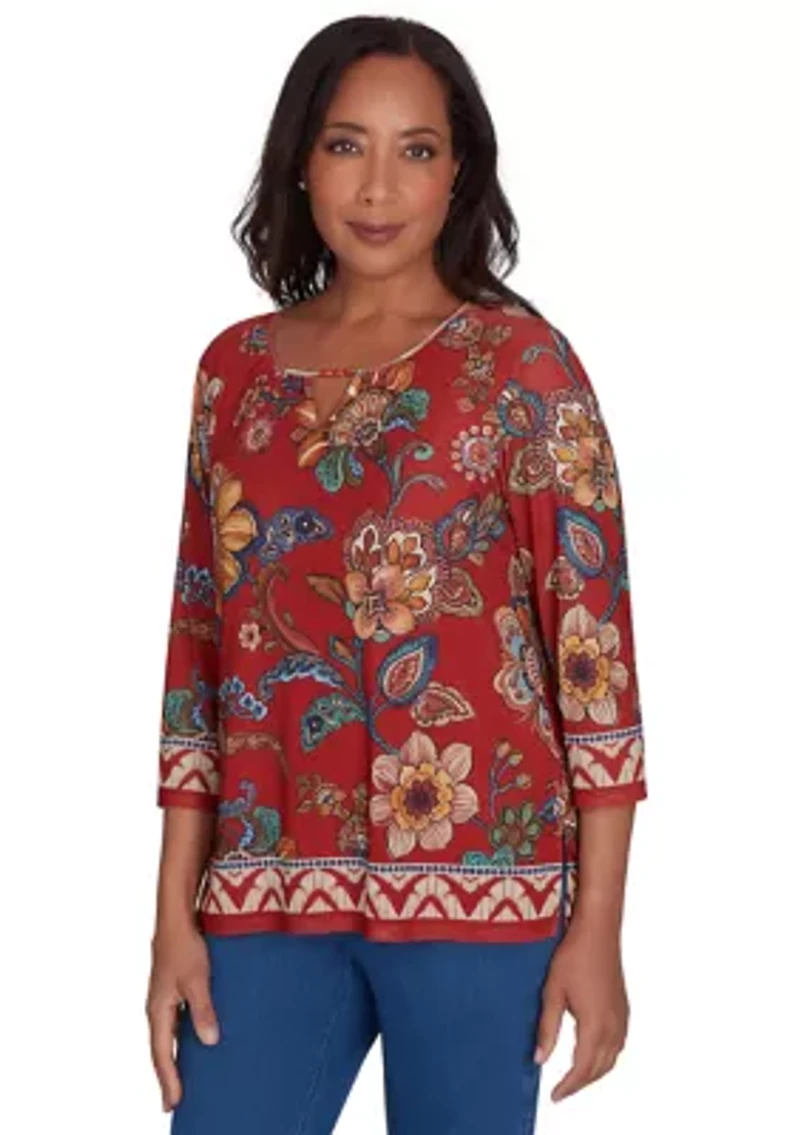 Petite Harvest Moon Floral Border Mesh Top