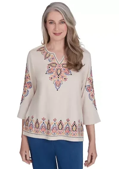 Petite Harvest Moon Medallion Embroidery Flutter Cuff Shirt