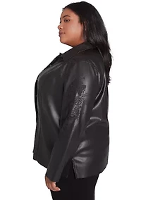 Plus Runway Ready Embroidered Faux Leather Jacket