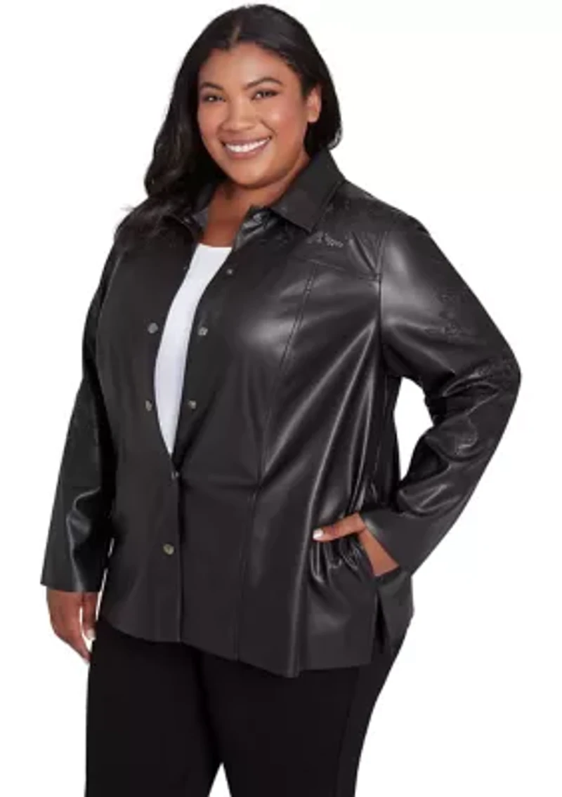Plus Runway Ready Embroidered Faux Leather Jacket