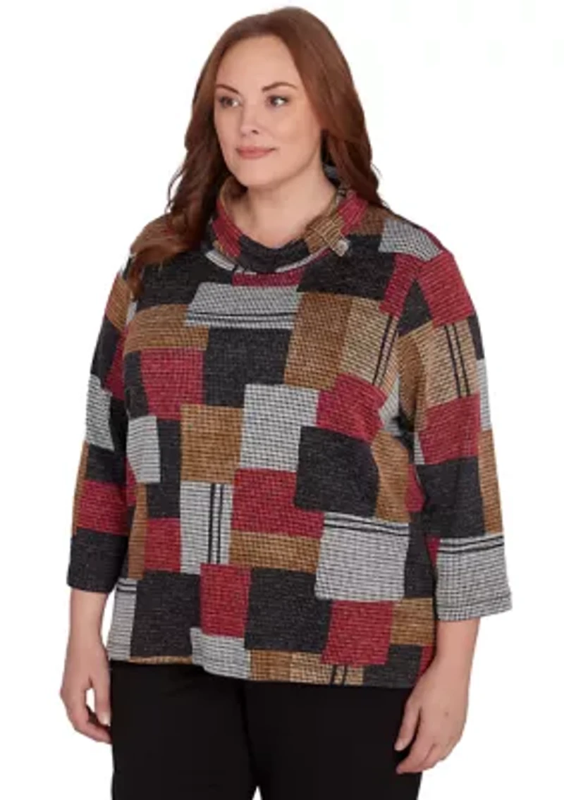 Plus Runway Ready Houndstooth Patchwork Top