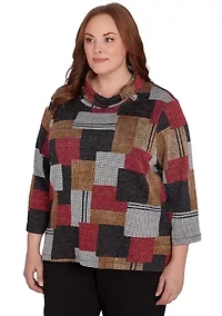Plus Runway Ready Houndstooth Patchwork Top