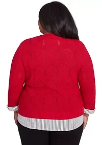 Plus Runway Ready Pointelle Chevron Top with Stripe Woven Detail