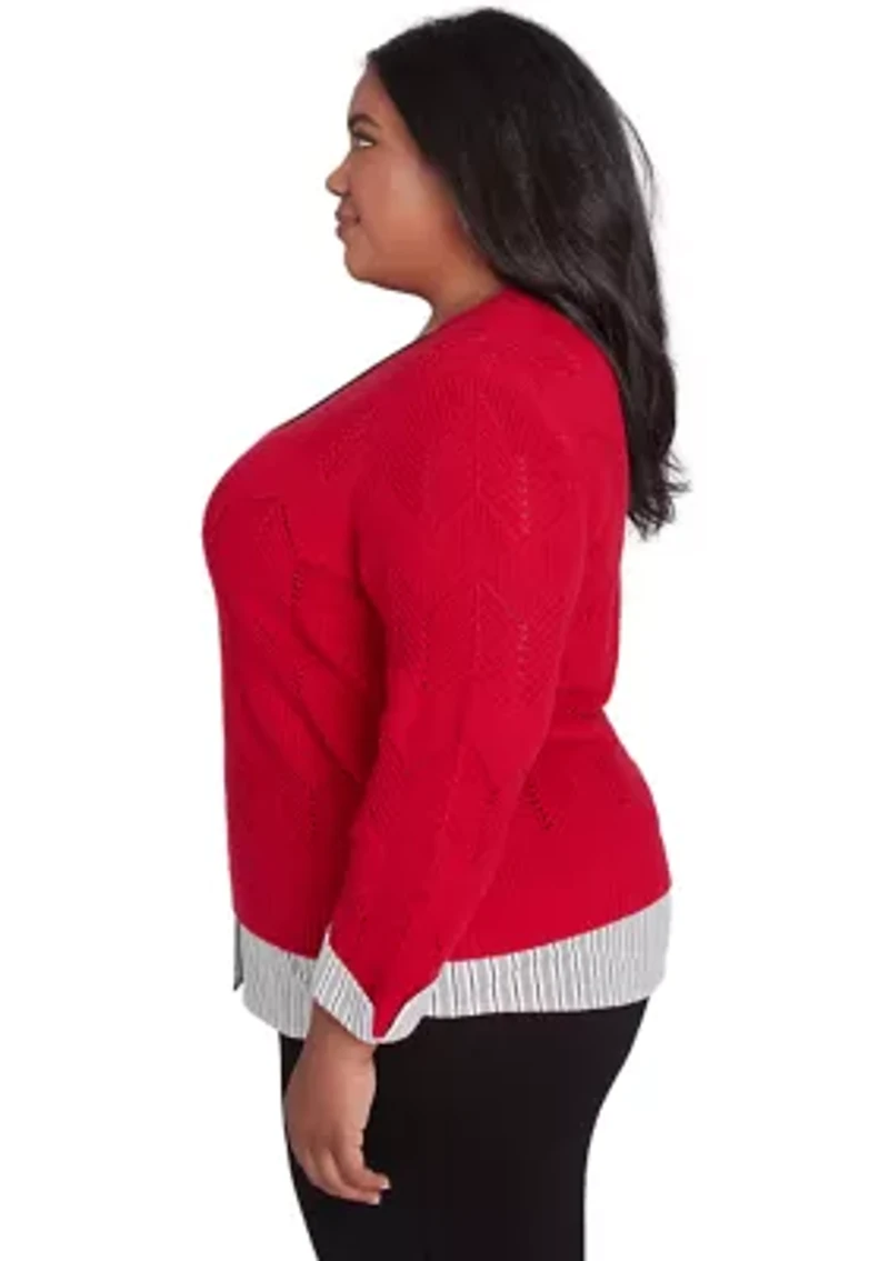 Plus Runway Ready Pointelle Chevron Top with Stripe Woven Detail