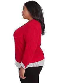 Plus Runway Ready Pointelle Chevron Top with Stripe Woven Detail