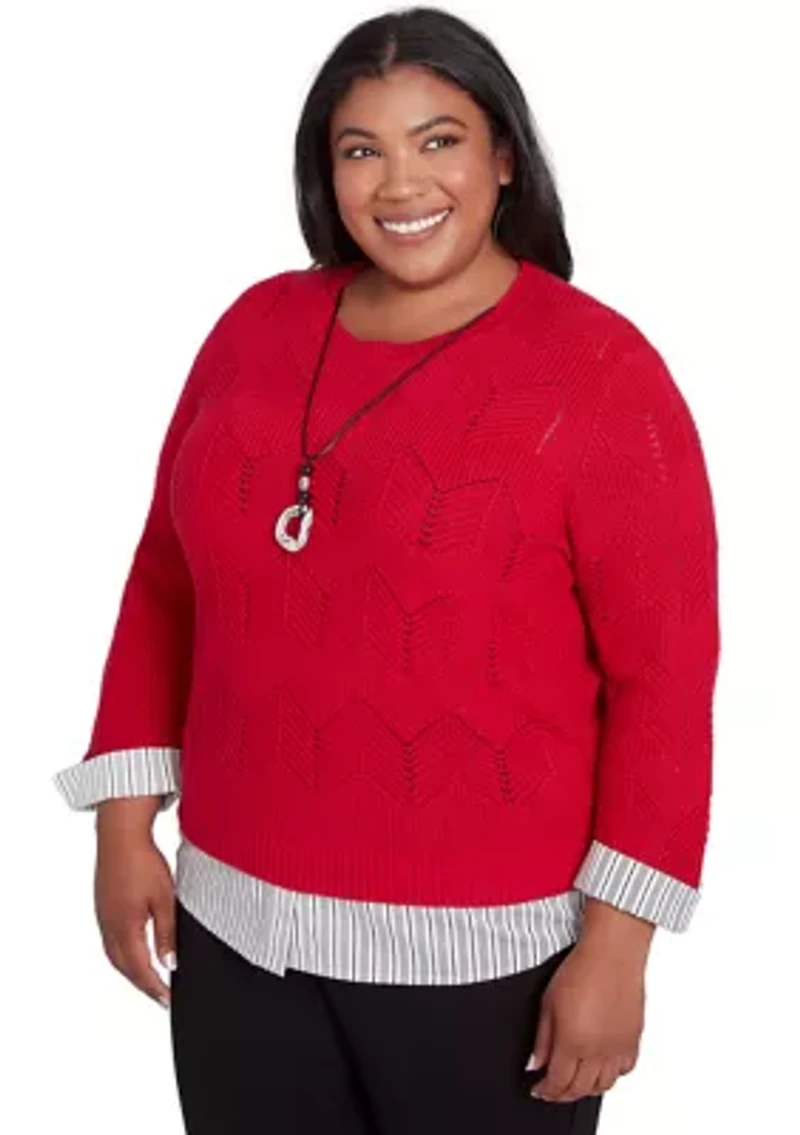 Plus Runway Ready Pointelle Chevron Top with Stripe Woven Detail