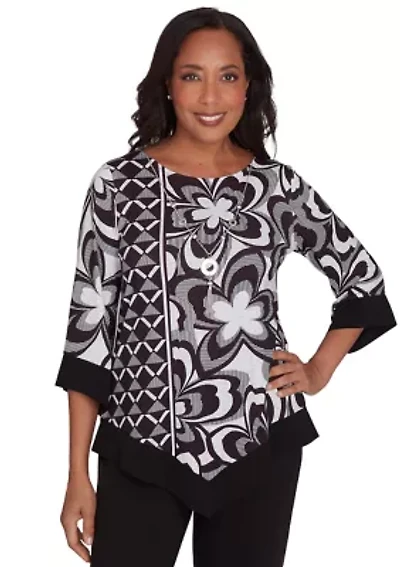 Petite Runway Ready Floral Geometric Top with Contrast Trim