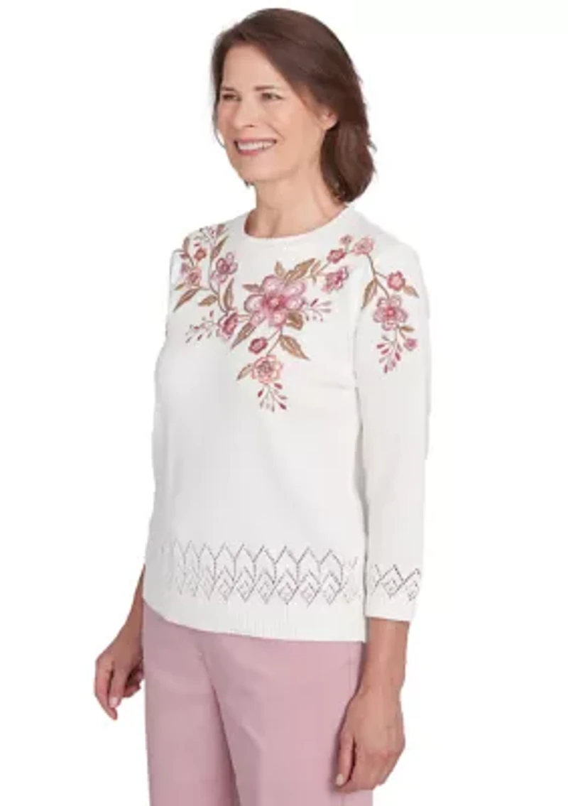 Petite Telluride Pointelle Border Floral Yoke Cotton/Acrylic Top