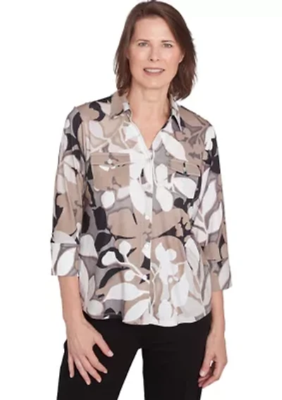 Petite Romancing The Stone Shadow Leaf Knit Shirt