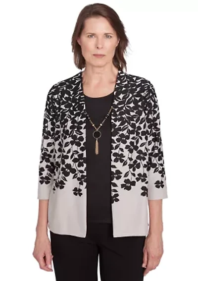 Petite Romancing The Stone Cascade Leaves Printed 2Fer Cardigan