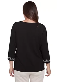 Petite Romancing the Stone Scroll Embroidered Yoke Top