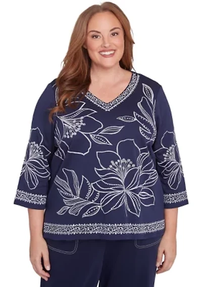 Plus Block Island Exploded Floral Embroidery Top