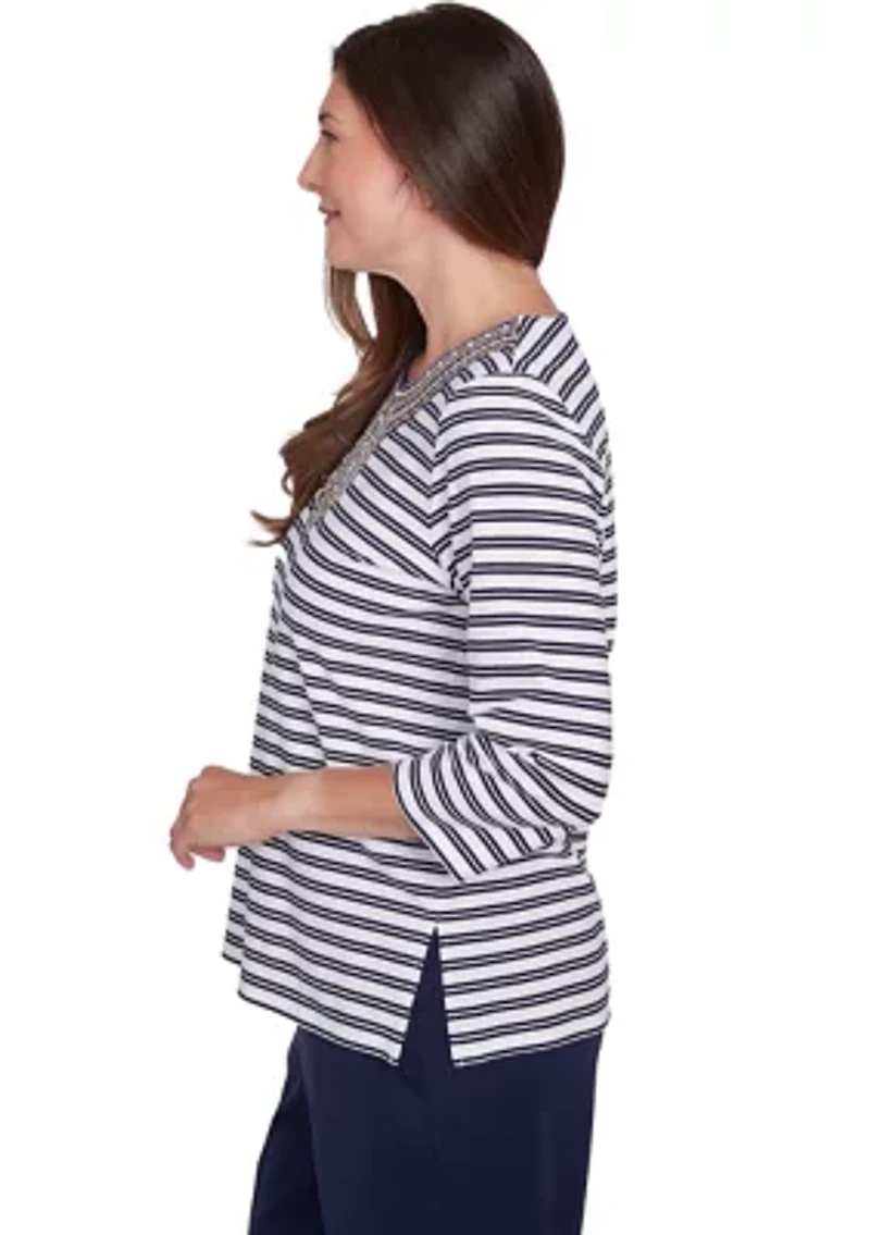 Petite Block Island Stripe with Embroidered Yoke Top