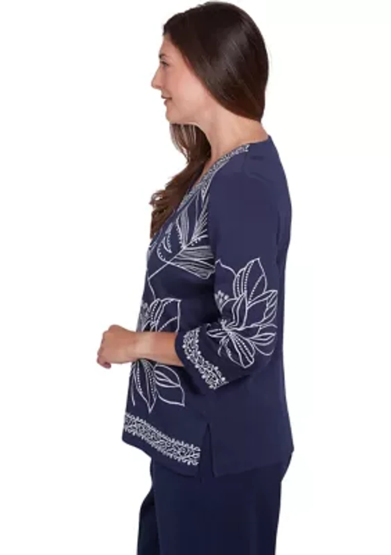 Petite Block Island Exploded Floral Embroidery Top