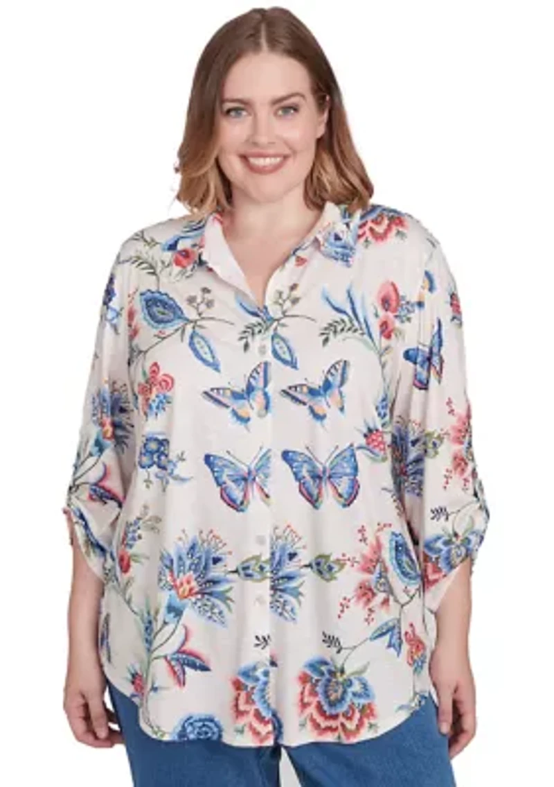 Plus Free Spirit Butterflies Printed Top