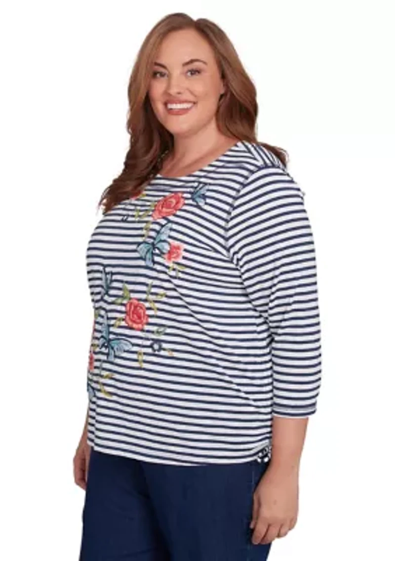 Plus Free Spirit Stripe Embroidered Butterflies Top