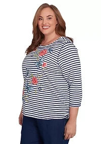 Plus Free Spirit Stripe Embroidered Butterflies Top
