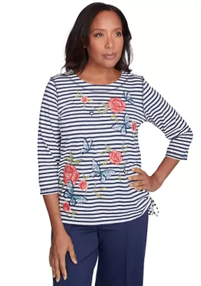 Petite Free Spirit Stripe Embroidered Butterflies Top