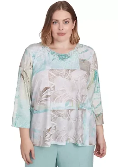 Plus Kensington Gardens Texture Leaves Patchwork Top