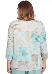 Plus Kensington Gardens Texture Leaves Patchwork Top