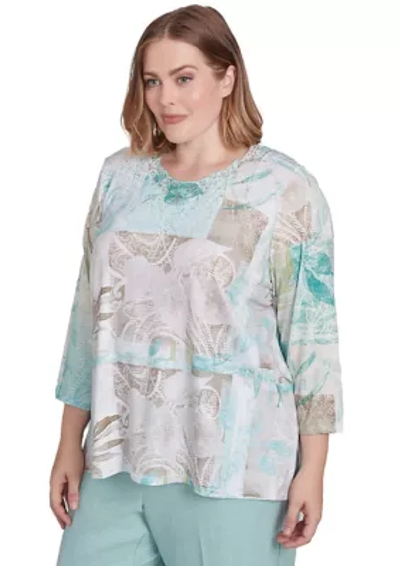 Plus Kensington Gardens Texture Leaves Patchwork Top