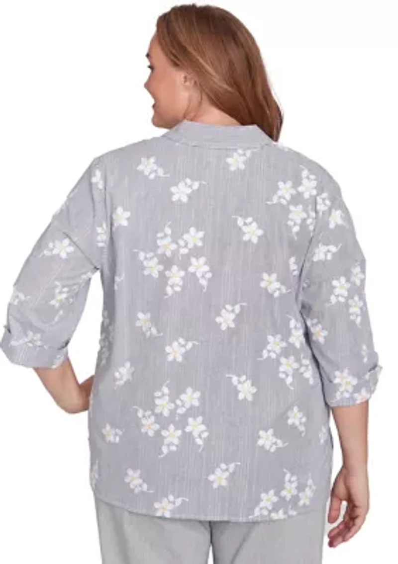 Plus Dress Code Flower Embroidered Lurex Stripe Top