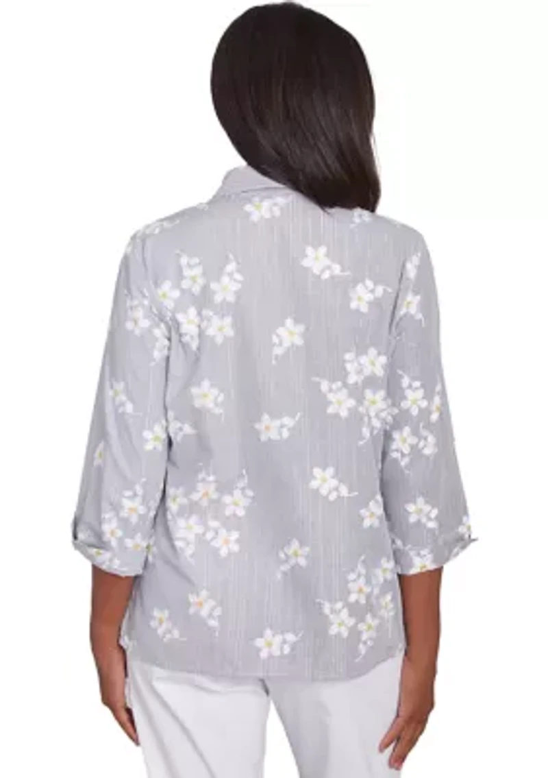 Petite Dress Code Flower Embroidered Lurex Stripe Top