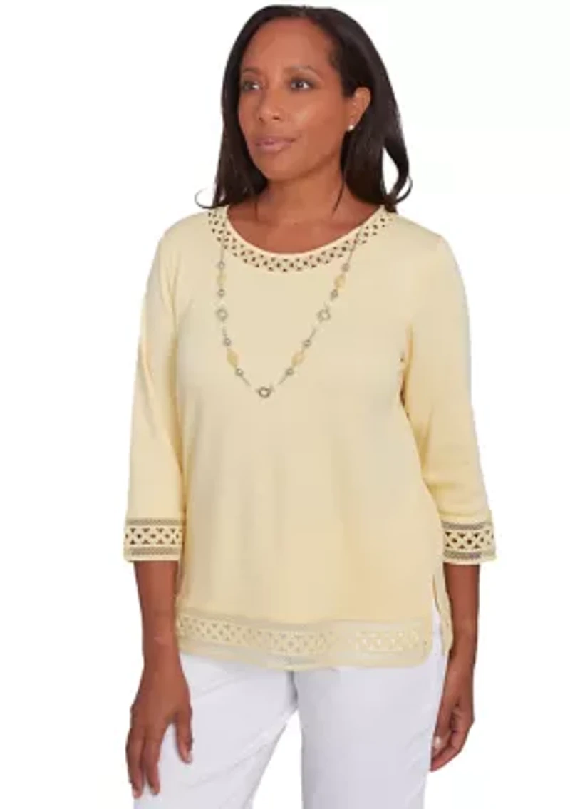 Petite Dress Code Lace Trim Top with Necklace