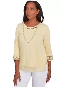 Petite Dress Code Lace Trim Top with Necklace