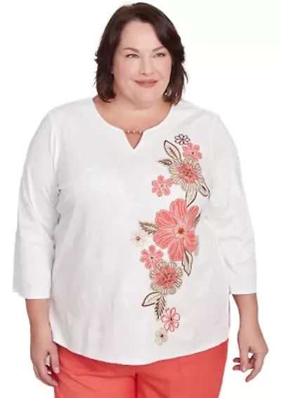 Plus Catalina Island Embroidered Flowers Top