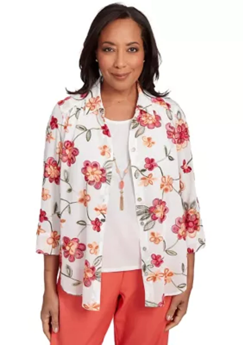 Petite Catalina Island Embroidered Flowers Two One Top