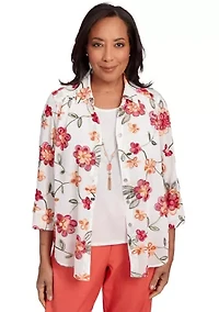 Petite Catalina Island Embroidered Flowers Two One Top