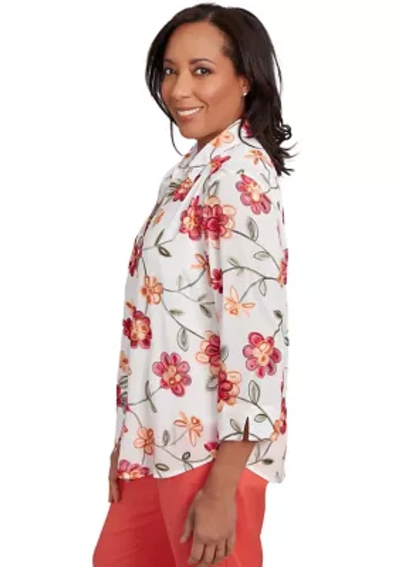 Petite Catalina Island Embroidered Flowers Two One Top