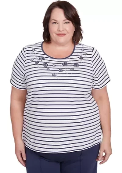 Plus Nantucket Stripe Top with Beaded Floral Yoke