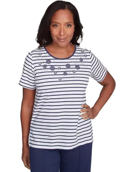 Petite Nantucket Stripe With Beaded Floral Yoke Top