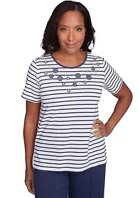 Petite Nantucket Stripe With Beaded Floral Yoke Top