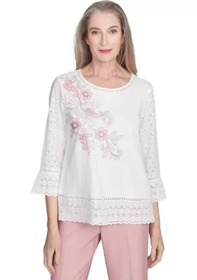 Women's Estate Of Mind Floral Embroidery Top with Eyelet Trim