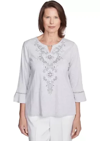 Women's Estate Of Mind Scroll Embroidered Yoke Top