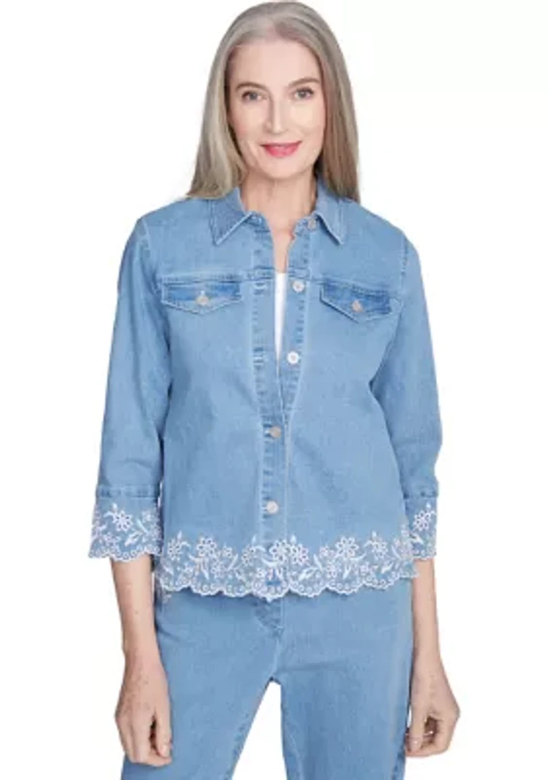 Petite Flower Power Floral Embroidered Denim Jacket