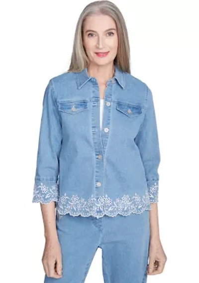 Petite Flower Power Floral Embroidered Denim Jacket