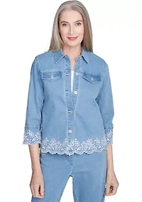 Petite Flower Power Floral Embroidered Denim Jacket