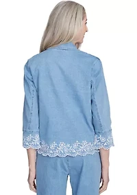 Petite Flower Power Floral Embroidered Denim Jacket