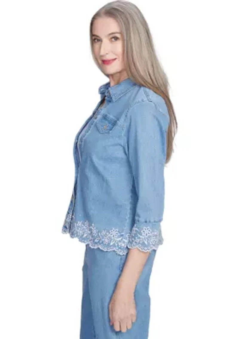Petite Flower Power Floral Embroidered Denim Jacket